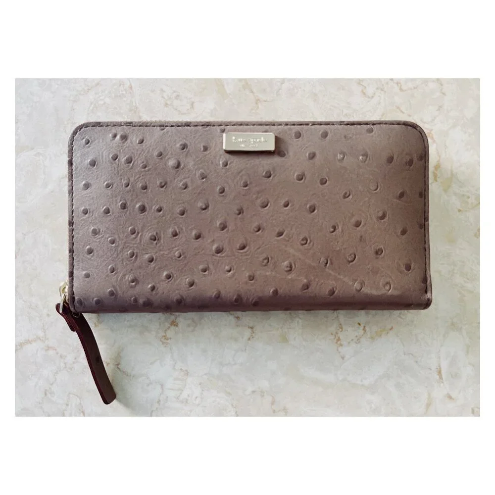 Kate Spade Stacy Ostrich Embossed Tan Leather Zip Around Wallet